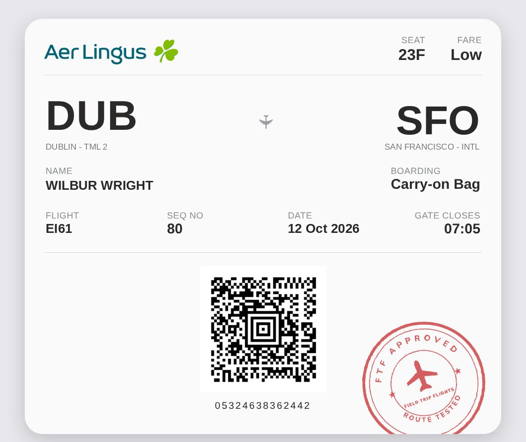 Demo boarding pass mockup: Wilbur Wright, flight EI61, DUB to SFO, 12 Oct 2026, with FTF Approved stamp